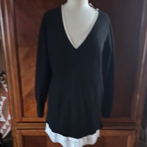 Chic Black V-Neck Sweater with White Trim
